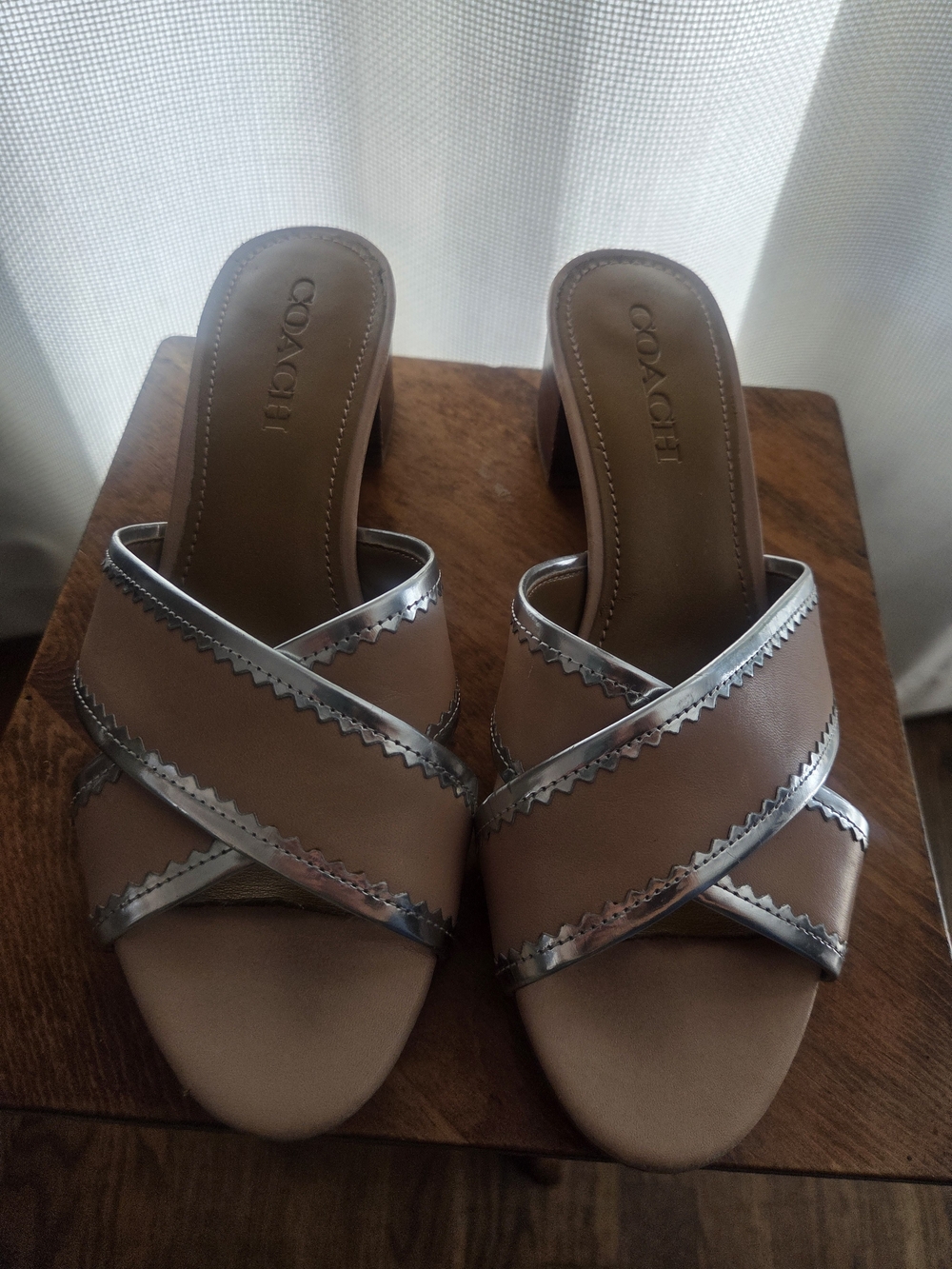 Coach Tan Crisscross Slide Sandals with Silver Trim